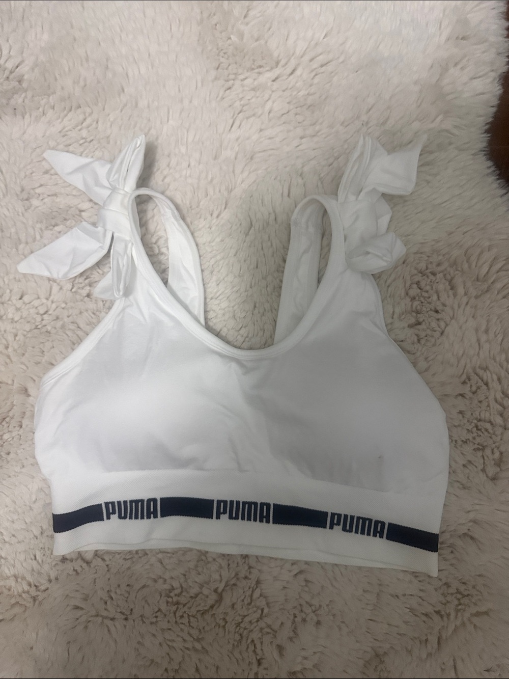 Puma White Bow-Shoulder Logo Elastic Sports Bralette